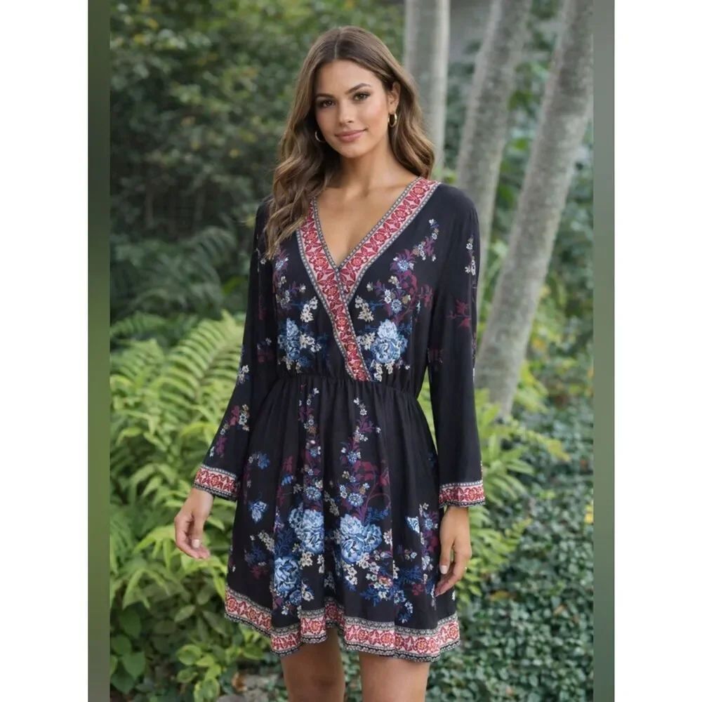 Anthropologie Flying Tomato Floral Dress with Red and Blue Details